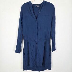 Vinve Womens Blue Drawstring Waist Long Sleeve Bjtton Up Dress Size Small
